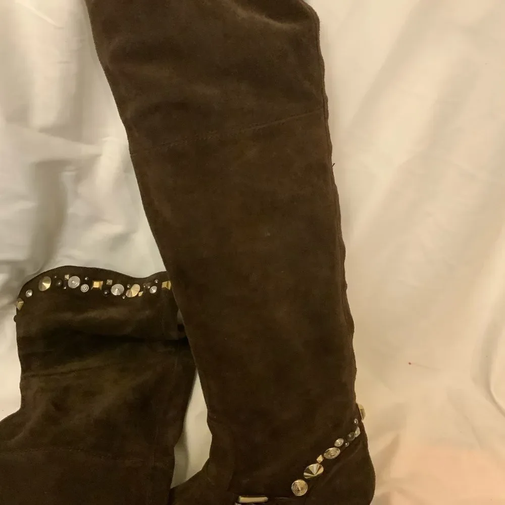 Apepazza Gemma suede Brown Over The Knee Leather Studded Boots Size 7.5